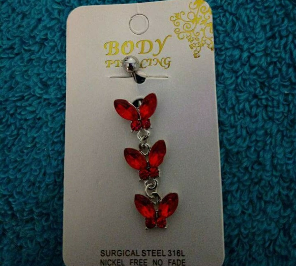 Triple Red Butterflies Belly Button Ring